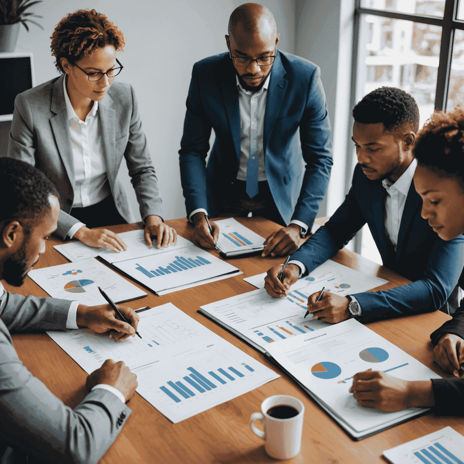 A group of business professionals gathered around a conference table, engaged in strategic planning discussions. Charts, graphs, and documents are spread out on the table as they collaborate to develop effective strategies for their organization's success in South Africa.