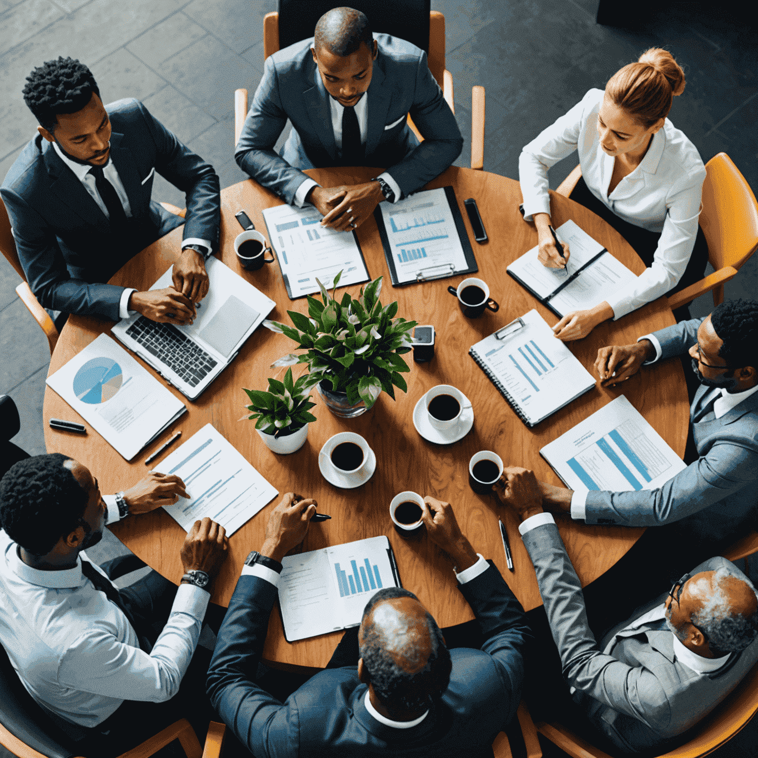 A team of business professionals gathered around a table, discussing strategic plans and growth strategies for South African businesses.