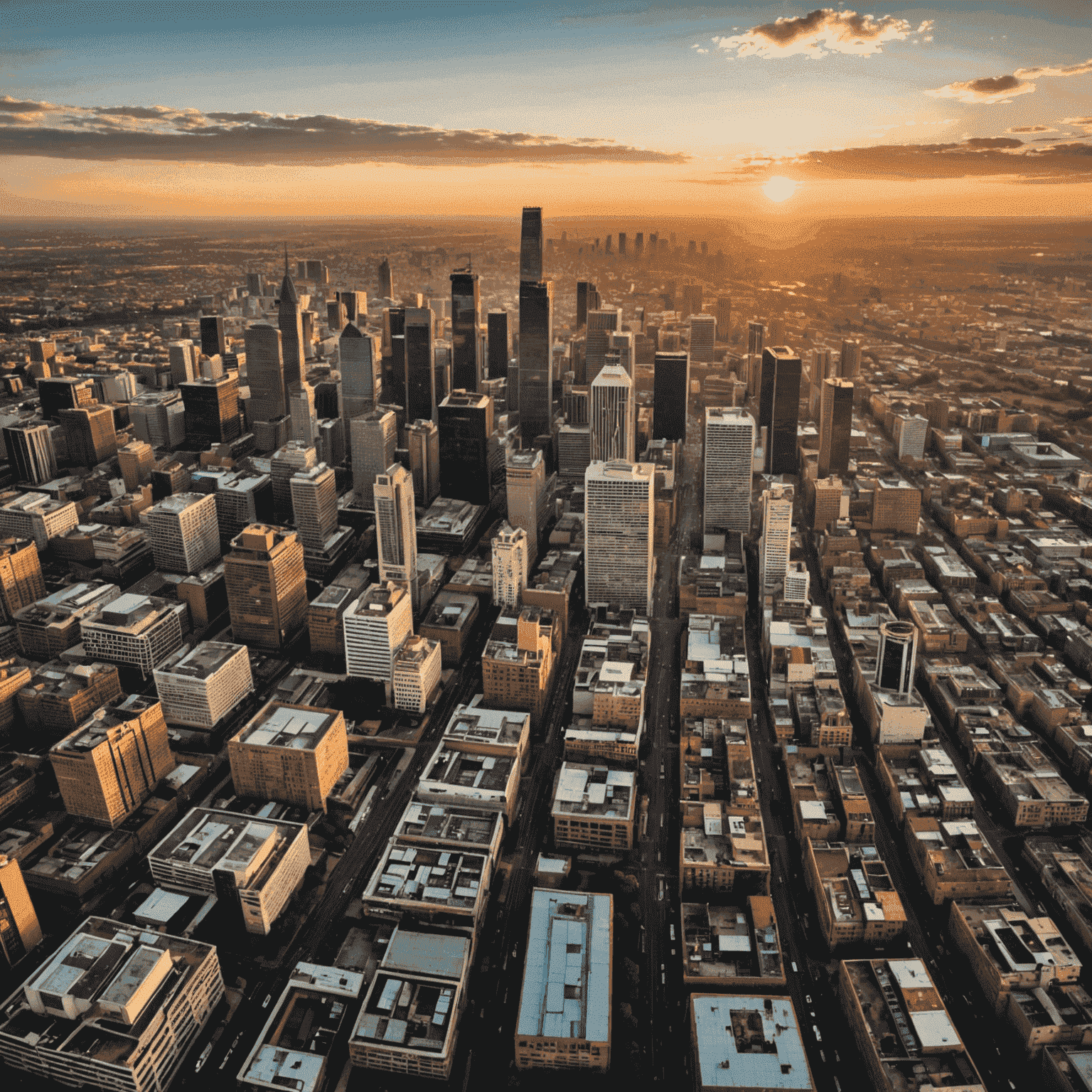 Aerial view of Johannesburg city skyline at sunset, South Africa