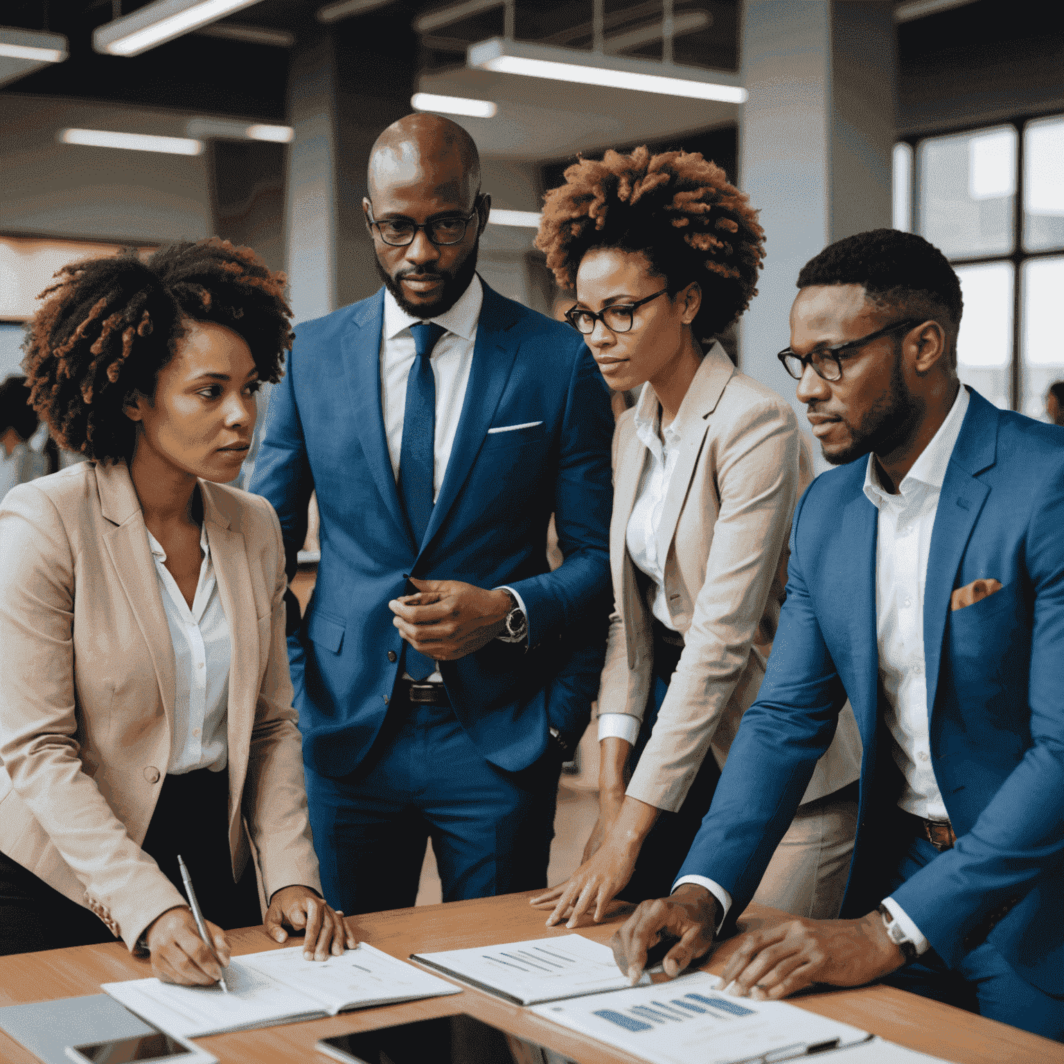 Diverse group of business professionals collaborating in a modern office setting in South Africa, representing the future of consulting