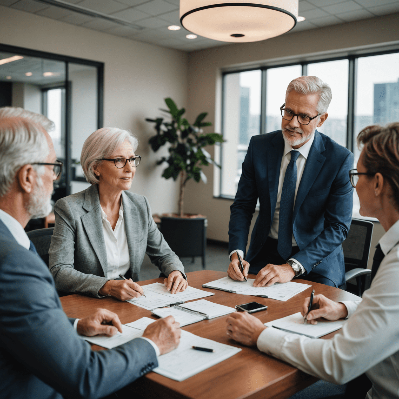 A group of business professionals discussing retirement planning strategies in a conference room