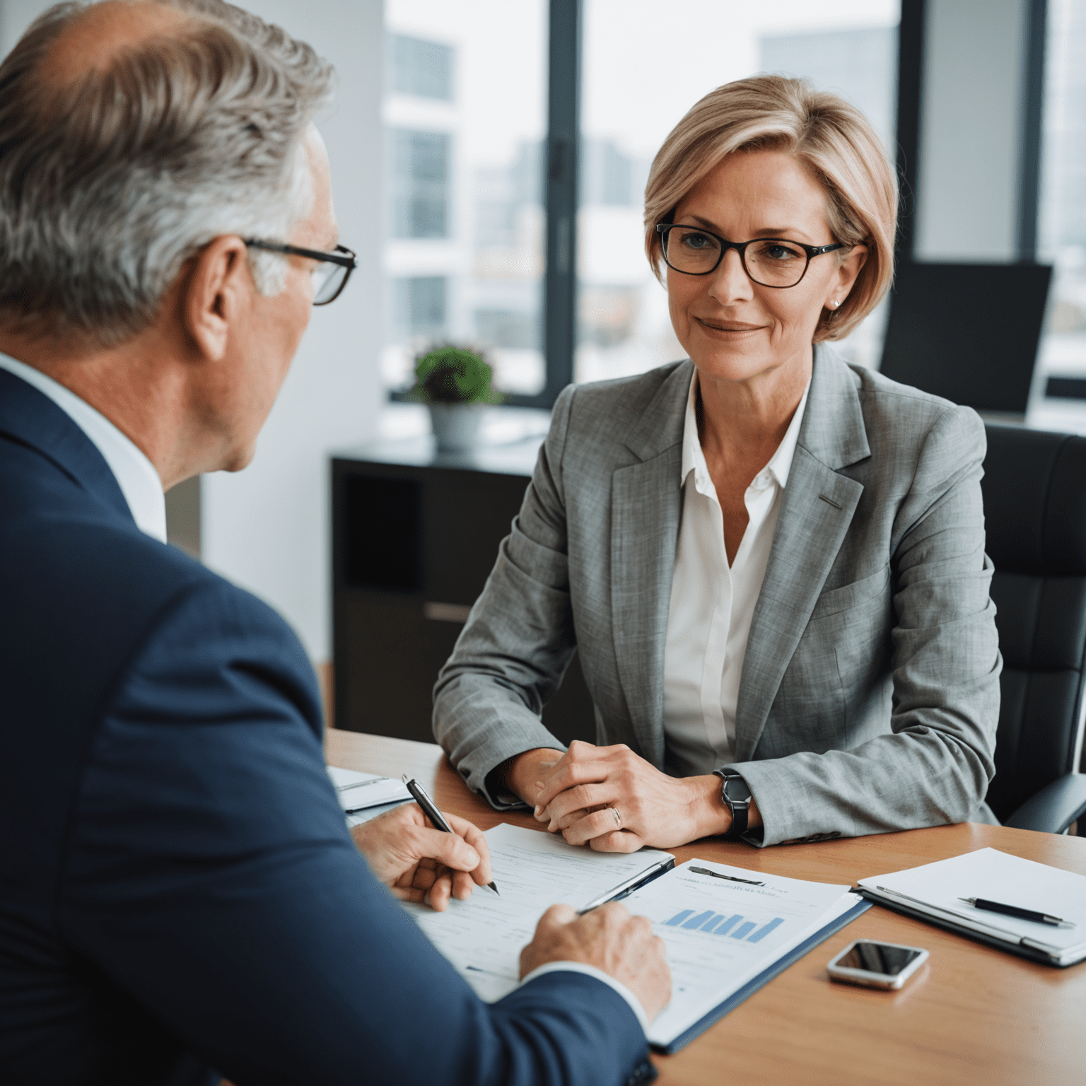 A consultant having a productive meeting with their client, discussing retirement planning and investment strategies. Both are dressed professionally and appear engaged in the conversation.