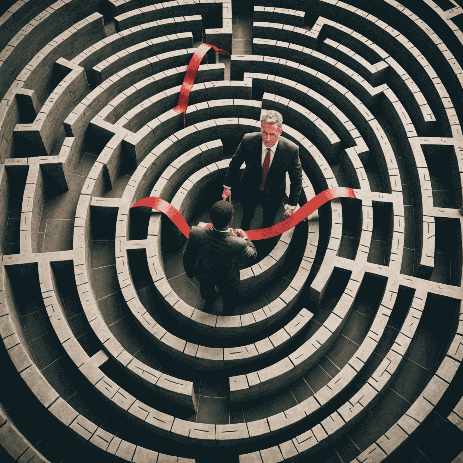 A businessman navigating through a maze, symbolizing the challenges of doing business in South Africa. The maze is filled with obstacles such as red tape, financial hurdles, and regulatory complexities that the businessman must overcome to reach success.