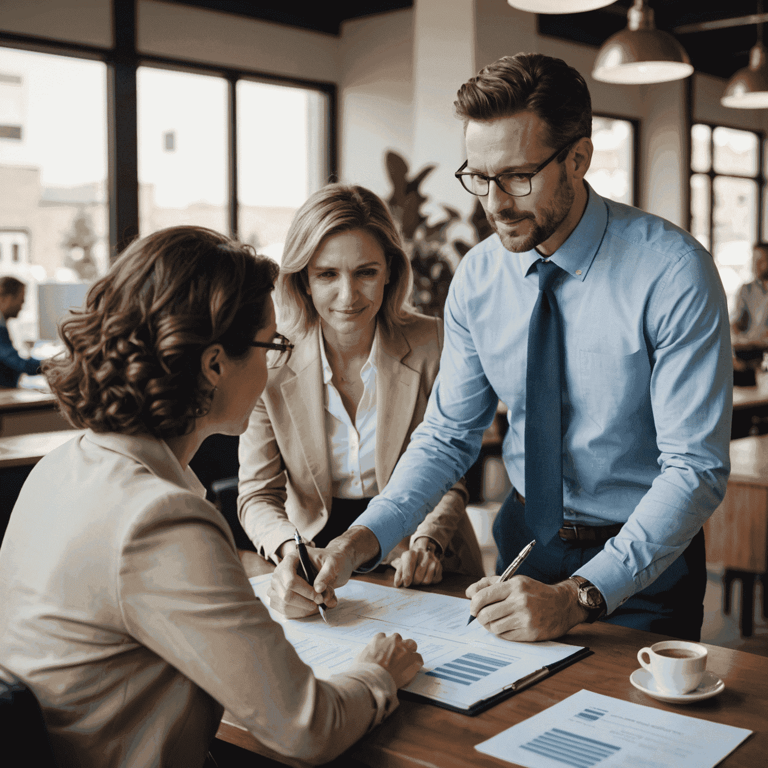 Financial advisors discussing investment strategies with a small business owner